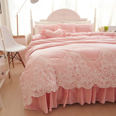 韩式风床裙四件套法兰绒冬季珊瑚绒粉色公主床