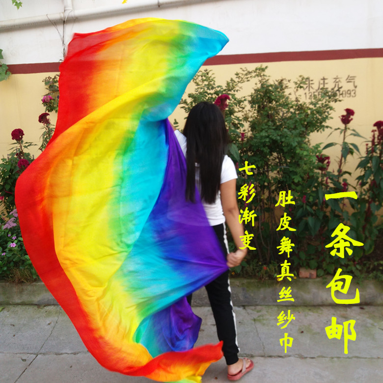 新款肚皮舞跳舞舞蹈表演渐变色七彩丝巾纱巾大长款纯真丝手抛纱在类目 运动/瑜伽/健身/球迷用品, 舞蹈/健美操/体操, 肚皮舞, 肚皮舞配饰中 - 来自Buy2taobao.com提供专业的淘宝代购服务