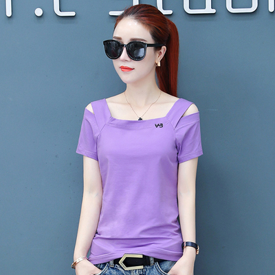 短袖t恤女2018夏装韩版纯棉宽松显瘦纯棉一字领心机露肩体恤上衣