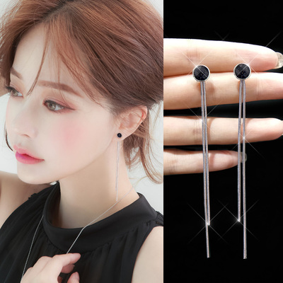 s925纯银黑玛瑙耳钉韩国气质长款耳坠个性百搭耳环女吊坠流苏耳线