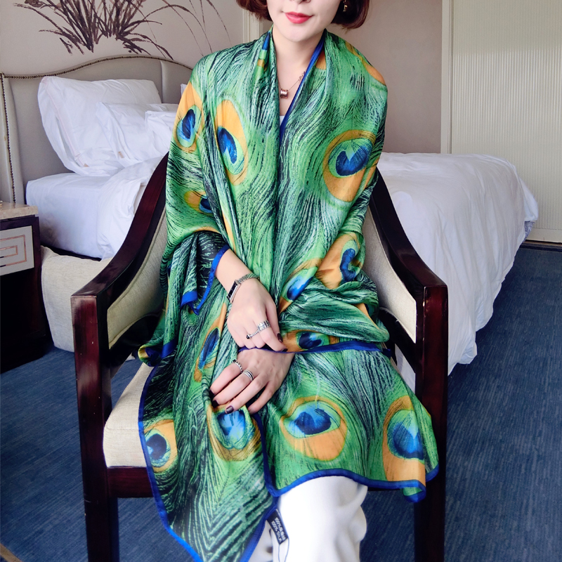 秋冬新款超大長款真絲絲巾圍巾桑蠶絲女綠孔雀旅遊度假披肩百搭在類目 服飾配件/皮帶/帽子/圍巾, 圍巾/絲巾/披肩中 - 來自Buy2taobao.com提供專業的淘寶代購服務