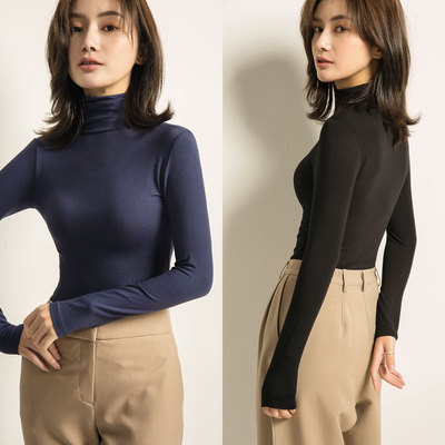 黑色高领打底衫女长袖莫代尔薄款秋冬上衣体恤堆堆领内搭紧身T恤