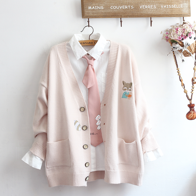 Spring and autumn season College wind Soft sister Fox Embroidery knitting Cardigan high school student Versatile Easy sweater coatin the Women's clothing/Boutique , Sweaters category - from Buy2taobao.com to provide professional Taobao agent buy service