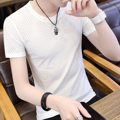 男士短袖T恤速干圆领2018夏季新款青年学生潮透气冰丝上衣服镂空
