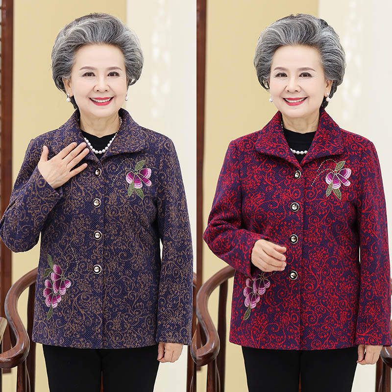 grandma Autumn coat the elderly clothes 60-70 mom Embroidery jacket Middle and old age Autumn Lapel Cardiganin the Women's clothing/Boutique , Woolen jacket category - from Buy2taobao.com to provide professional Taobao agent buy service