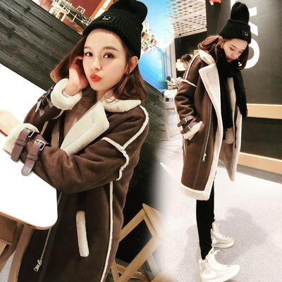 2017冬季新款棉服女中长款韩版加厚加绒外套chic鹿皮绒羊羔毛棉衣