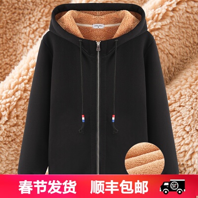 加绒加厚休闲外套女冬2018新款运动开衫上衣宽松仿羊羔绒连帽卫衣