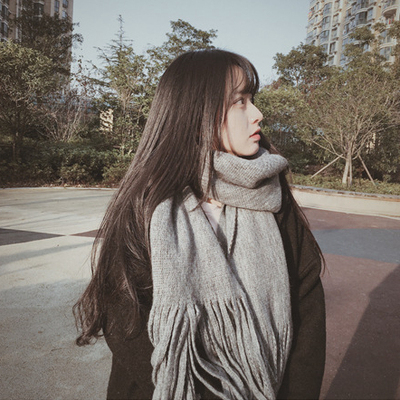 ulzzang百搭韩版纯色学生围巾女冬季仿羊绒超大流苏围脖加厚保暖