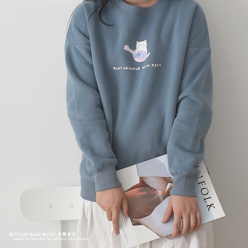 白熊音樂原創插畫彈琴貓印花可愛衛衣秋冬落肩寬松加絨男女同款在類目 女裝/女士精品, 衛衣/絨衫中 - 來自Buy2taobao.com提供專業的淘寶代購服務