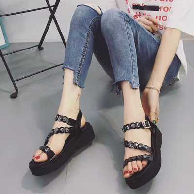 2018夏季新款韩版百搭厚底水钻凉鞋女坡跟松糕平底罗马鞋学生女鞋