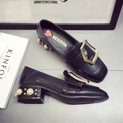 2018春季新款英伦风珍珠粗跟单鞋女中跟方头皮带扣小皮鞋百搭女鞋