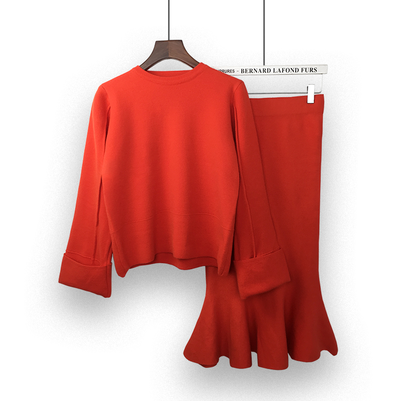 2018 new pattern spring and autumn suit Two piece set Versatile knitting Package hip Mid length version Lotus leaf skirt Fishtail skirtin the Women's clothing/Boutique , Sweaters category - from Buy2taobao.com to provide professional Taobao agent buy service