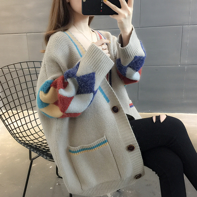 新款2019女装女士毛衣女宽松外穿复古加厚网红针织开衫外套秋冬潮