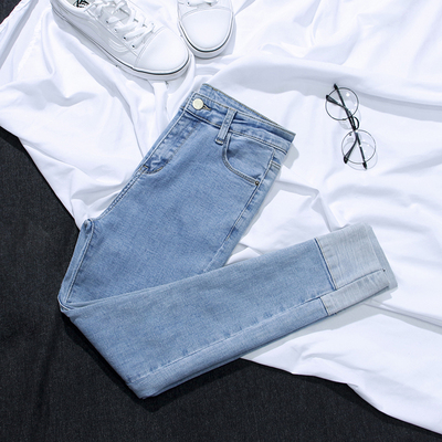 软妹直筒九分牛仔裤女 高腰浅色翻边拼接紧身chic卷边9分小脚裤子