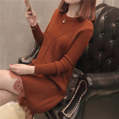 冬季新款中长款套头毛衣裙女宽松韩版长袖打底针织衫加厚下摆蕾丝