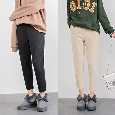 毛呢哈伦裤女秋冬2017新款韩版九分裤宽松休闲裤显瘦小脚萝卜裤子