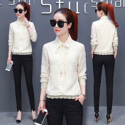 蕾丝polo衬衫女春季新款2018韩范时尚打底上衣长袖百搭气质衬衣潮