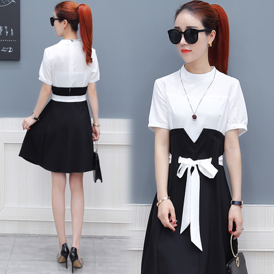 2018流行女装新款条纹假两件连衣裙短袖收腰a字裙ins超火裙子夏季