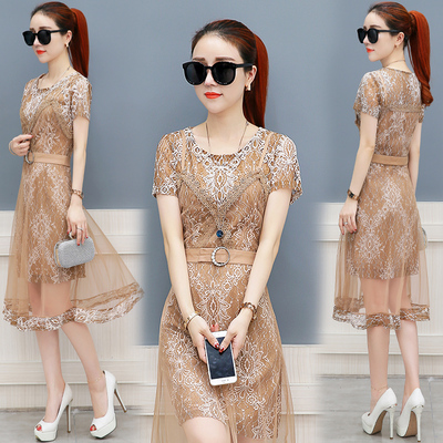 蕾丝网纱连衣裙女夏装2018新款雪纺镂空两件套裙子气质显瘦长裙潮