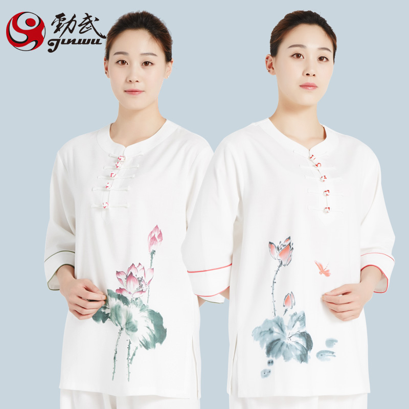 新品彈力麻短袖太極服女夏季太極拳服套裝印花表演服武術服勁武在類目 運動/瑜伽/健身/球迷用品, 跆拳道/武術/搏擊, 太極, 太極服中 - 來自Buy2taobao.com提供專業的淘寶代購服務