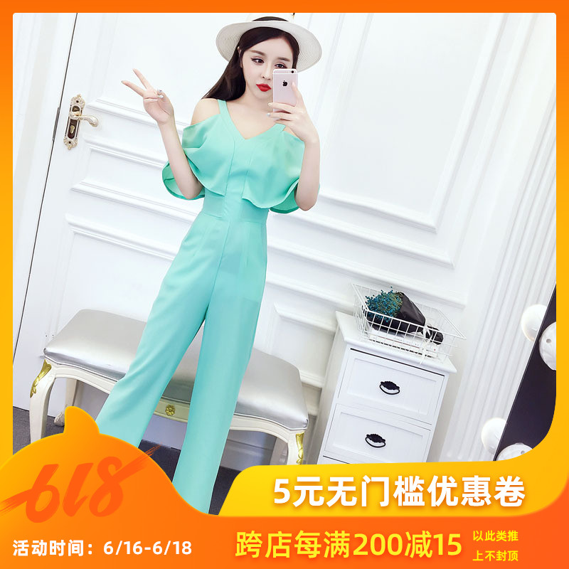 时尚雪纺修身连体裤2019夏新款气质性感露肩显瘦包臀高腰阔腿长裤在类目 女装/女士精品, 裤子, 休闲裤中 - 来自Buy2taobao.com提供专业的淘宝代购服务