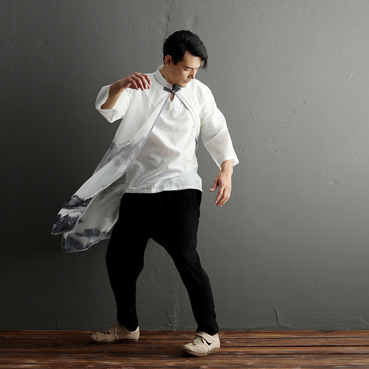 2019春夏季茶服男式长衫文艺复古中国风水墨画防晒衫薄款衬衫雪纺|ruв категории Мужская одежда, национальная одежда - от Buy2taobao.com для оказания профессиональной услуги покупки агента Taobao