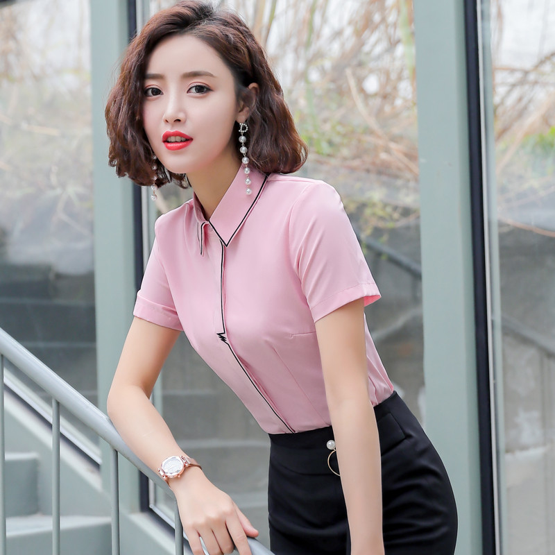 2019夏季新款短袖衬衫女OL修身百搭职业工装洋气套装女士上衣衬衣|msdalam kategori Butik wanita / wanita, shirt - dari Buy2taobao.com untuk memberikan perkhidmatan ejen Taobao profesional membeli