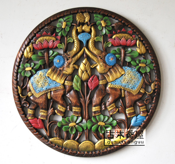 包郵異域風情 木雕描彩壁挂圓形雙象裝飾花板 客廳走廊玄關挂飾在類目 家居飾品, 壁飾中 - 來自Buy2taobao.com提供專業的淘寶代購服務