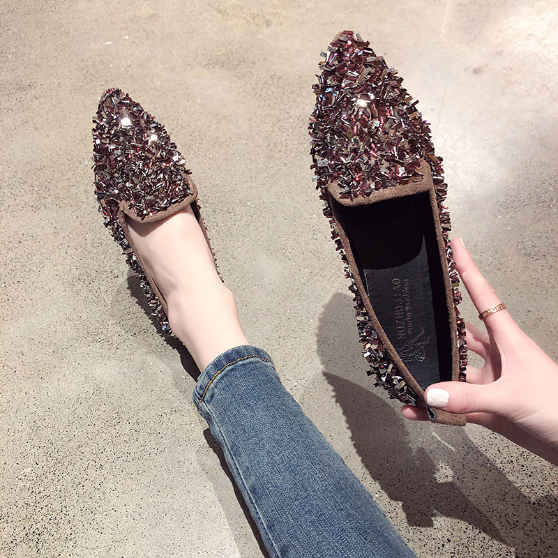 2019 New spring women shoes Korean Edition bling Sequins Single shoes In the mouth Doug shoes soft sole Tip Flat shoesin the Women's Shoes, Low shoes category - from Buy2taobao.com to provide professional Taobao agent buy service