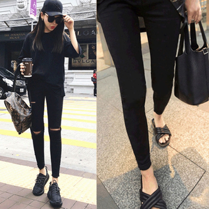韩国春夏季八分破洞烂牛仔裤女韩版高腰乞丐九分流苏黑色小脚裤子在类目 女装/女士精品, 牛仔裤中 - 来自Buy2taobao.com提供专业的淘宝代购服务