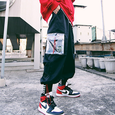 UUCSCC秋冬ins国潮宽松潮牌嘻哈透明多口袋哈伦束脚工装裤男