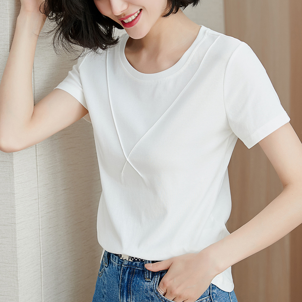 【2019夏新品】女时尚韩版圆领百搭纯色简约弹力T恤在类目 女装/女士精品, 风衣中 - 来自Buy2taobao.com提供专业的淘宝代购服务