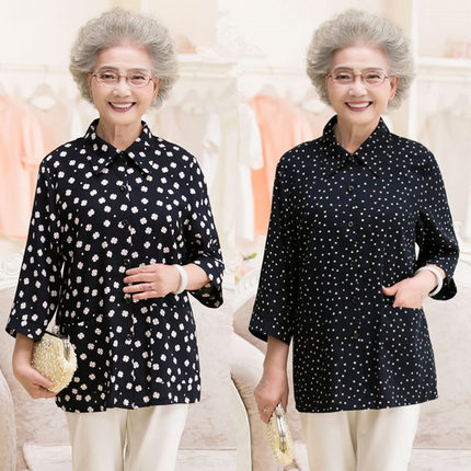 中老年女装纯棉衬衫七分袖 奶奶加肥60-80岁波点印花大码衬衣夏 折扣价112.00元包邮秒杀-折精品