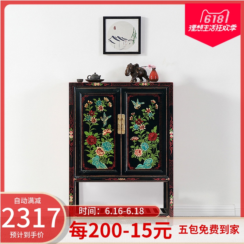 New Chinese style To fake something antique Shoe cabinet solid wood Mix and match black Hand drawn Flower Entrance cabinet Lockers Retro Custom Furniturein the Residential furniture , Cabinet , Shoebox category - from Buy2taobao.com to provide professional Taobao agent buy service