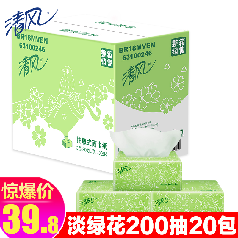 清风抽纸淡绿花2层200抽餐巾纸婴儿卫生纸抽家庭用整箱实惠装20包在类目 洗护清洁剂/卫生巾/纸/香薰, 纸品/湿巾, 抽纸中 - 来自Buy2taobao.com提供专业的淘宝代购服务