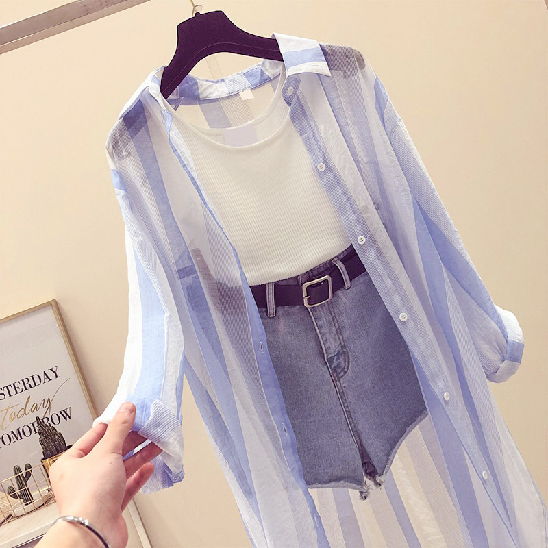 条纹衬衫女长袖2018夏装新款ins超火的bf中长款防晒上衣服薄外套