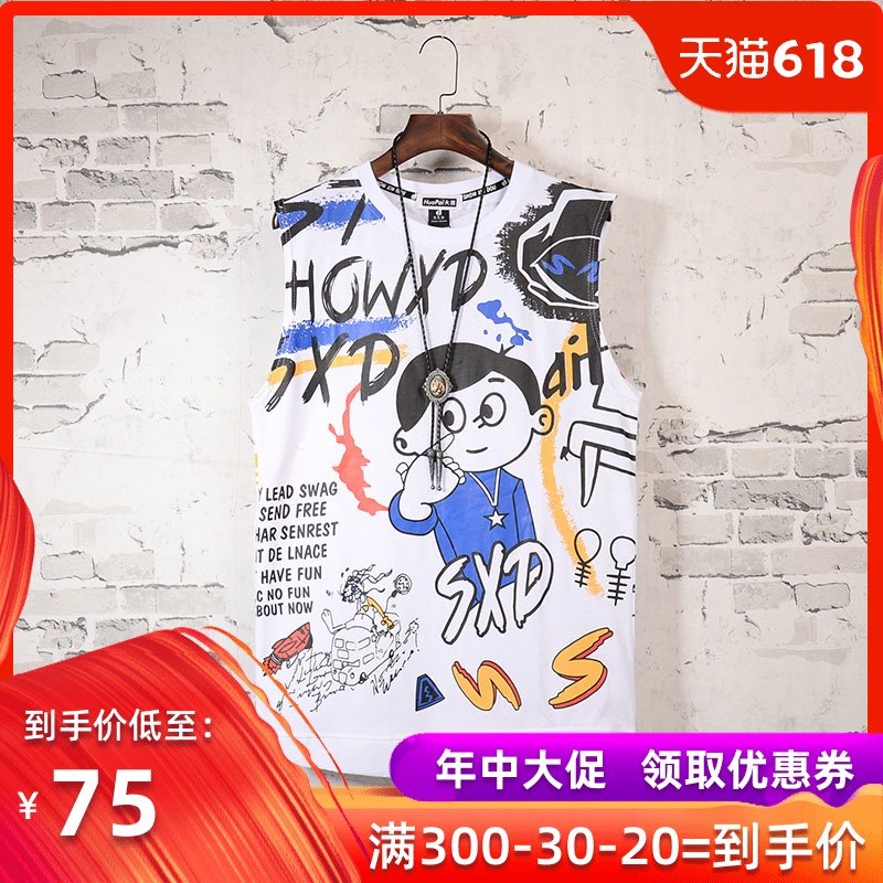 INS欧美街头嘻哈个性卡通印花无袖T恤韩版街头BF情侣装坎肩背心潮|ruв категории Мужская одежда, жилет/жилет - от Buy2taobao.com для оказания профессиональной услуги покупки агента Taobao