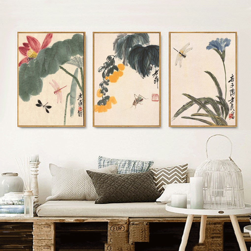 新中式家居客厅装饰画中国风花草带框三联组合画喷绘油画沙发挂画|ruв категории Домашний быт, декоративная живопись, современные декоративные картины - от Buy2taobao.com для оказания профессиональной услуги покупки агента Taobao