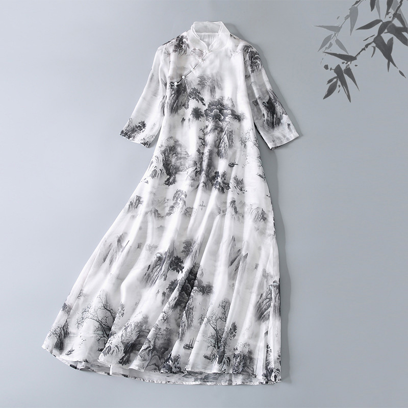 2017年连衣裙复古茶服禅服之佛笑缘女仿手绘山水画立领短袖连衣裙在类目 女装/女士精品, 唐装/民族服装/舞台服装, 唐装/中式服装, 上衣中 - 来自Buy2taobao.com提供专业的淘宝代购服务