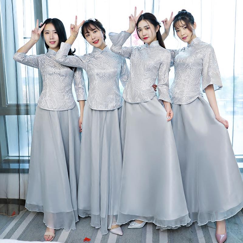 中式伴娘服女长款姐妹团宴会礼服长袖2019新款春季民国风复古灰色在类目 女装/女士精品, 婚纱/旗袍/礼服, 礼服/晚装中 - 来自Buy2taobao.com提供专业的淘宝代购服务