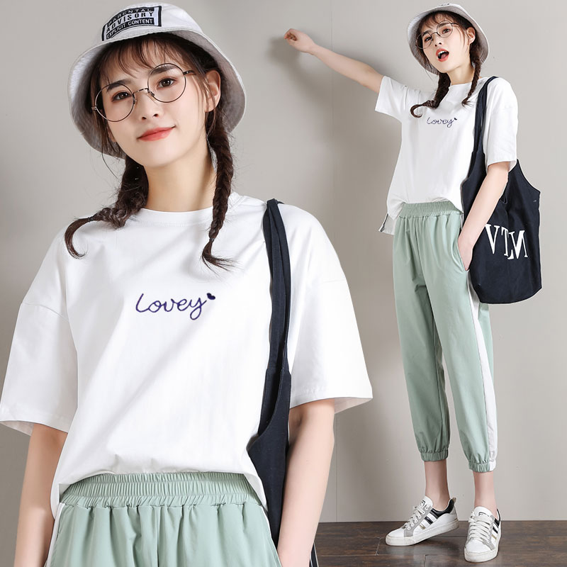 运动套装女夏季2019新款时尚学生韩版宽松九分休闲短裤短袖两件套在类目 女装/女士精品, 套装/学生校服/工作制服, 休闲运动套装中 - 来自Buy2taobao.com提供专业的淘宝代购服务