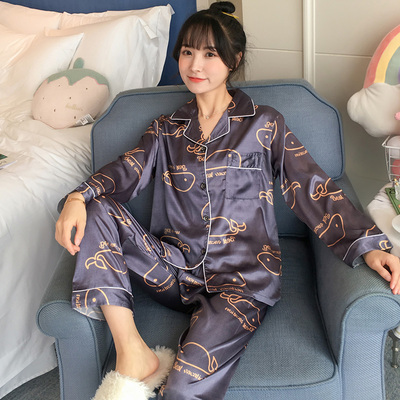 温范春秋长袖睡衣女冰丝薄款真丝可爱甜美大码宽松韩版家居服套装