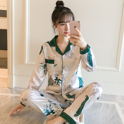 睡衣女春秋款冰丝长袖韩版可爱学生夏季薄款真丝绸家居服两件套装