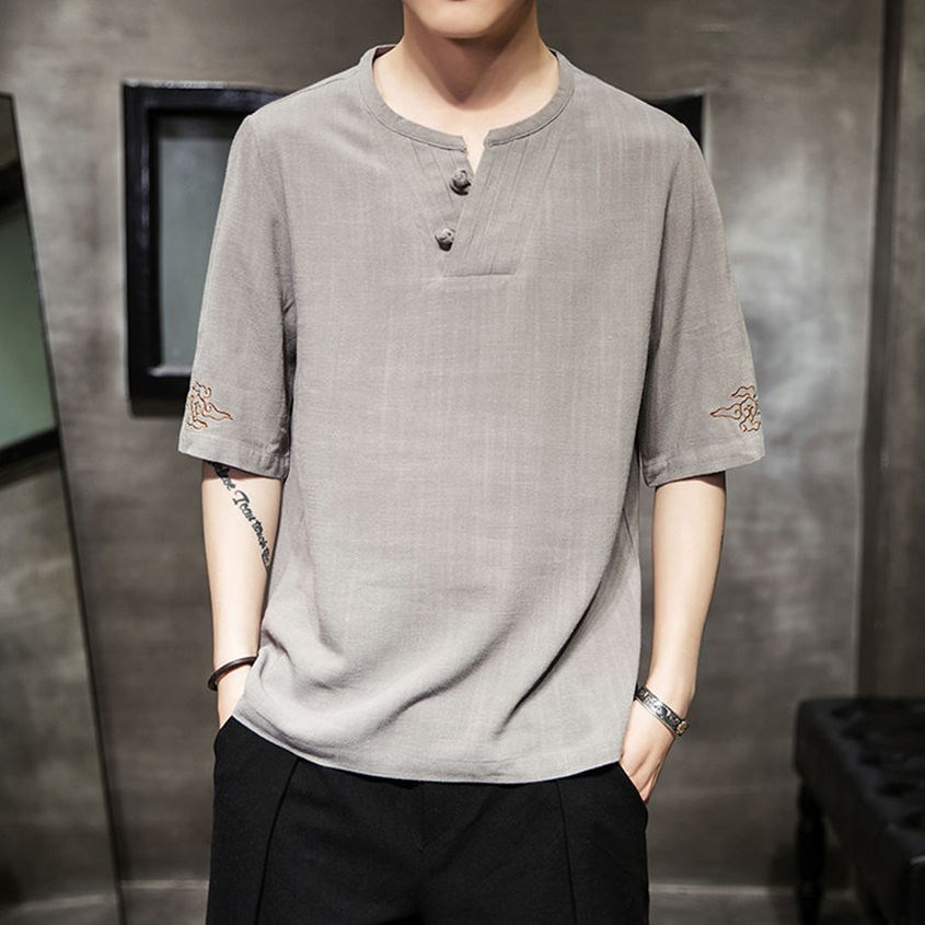 Flax Short sleeved Chinese style T-shirt summer Trend Retro half sleeve The fat Embroidery Cotton and hemp Sleeve jacketin the Men's clothing, T-shirt category - from Buy2taobao.com to provide professional Taobao agent buy service