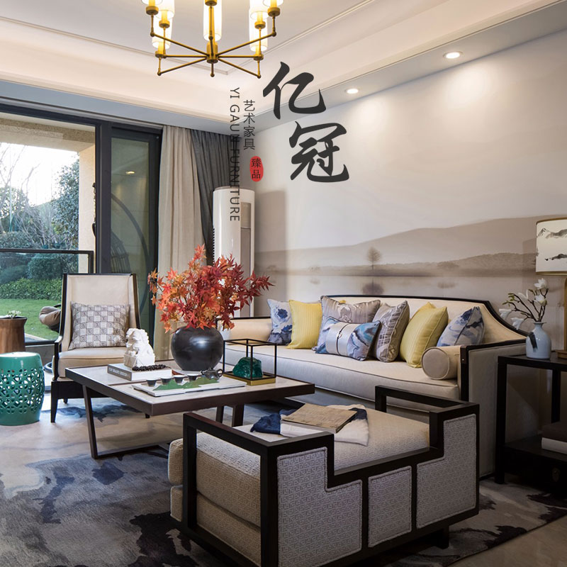 新中式实木沙发现代轻奢布艺真皮三人沙发茶几组合样板房客厅家具|msdalam kategori perabot kediaman, SOFA, sofa kayu pepejal - dari Buy2taobao.com untuk memberikan perkhidmatan ejen Taobao profesional membeli