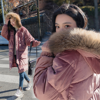 金丝绒棉衣女中长款冬新款韩版宽松加厚大毛领棉袄ulzzang面包服