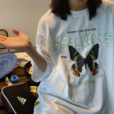 BLACK自制短袖t恤女宽松韩版ins潮2020夏季蝴蝶印花半袖上衣体恤