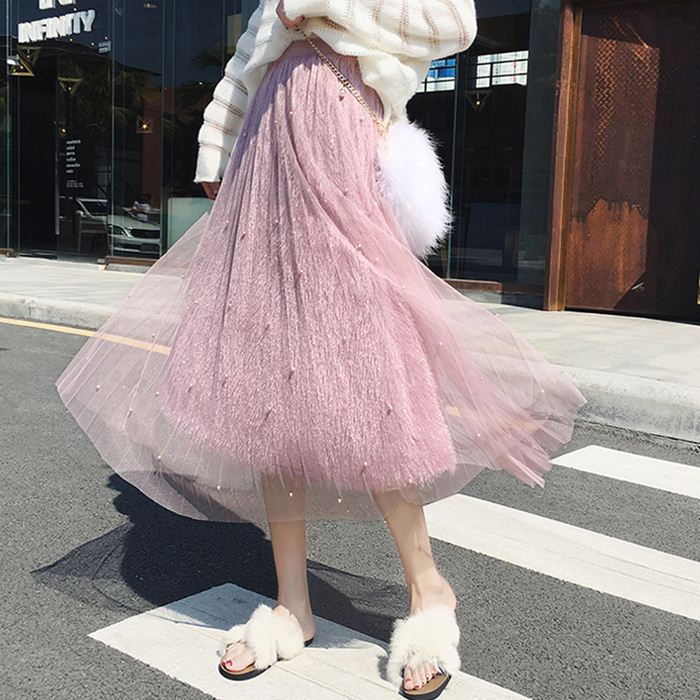 流苏半身裙女2018秋冬新款韩版百褶裙钉珠网纱中长裙百搭蓬蓬裙子在类目 女装/女士精品, 半身裙中 - 来自Buy2taobao.com提供专业的淘宝代购服务