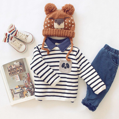 儿童男童宝宝加绒加厚上衣女童婴儿小童圆领条纹套头毛衣针织衫冬