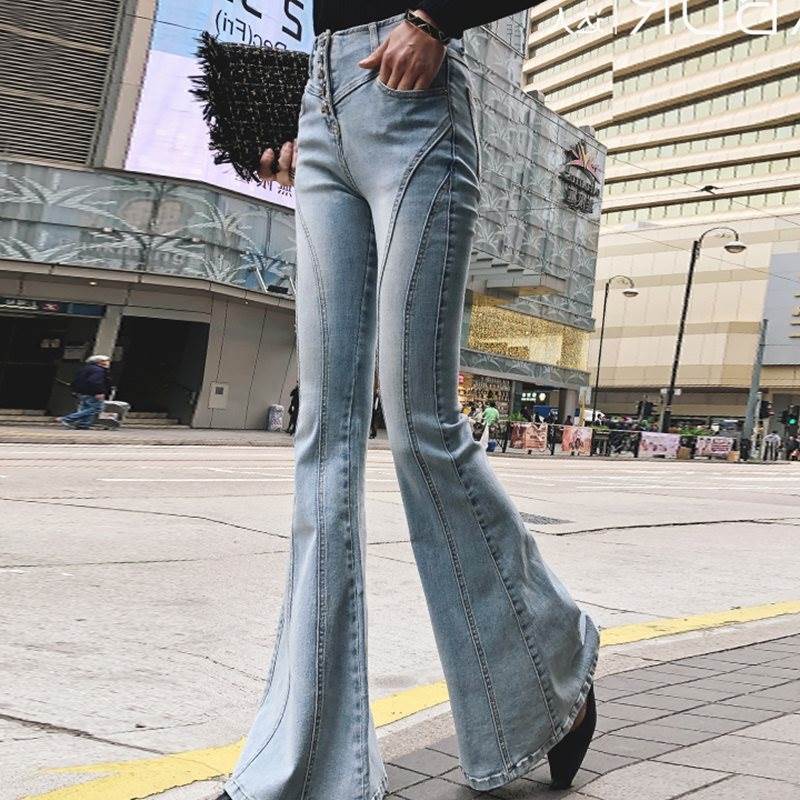 创意坠感微喇裤女高腰2019拼接新款阔腿弹力显瘦港风春秋牛仔大喇在类目 女装/女士精品, 牛仔裤中 - 来自Buy2taobao.com提供专业的淘宝代购服务